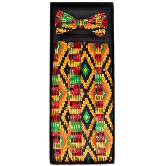 Vittorio Farina Men's Kente Satin Cummerbund, Bow Tie and Pocket Square Set in Gift Box - Kente 2 - Cummerbund & Bowtie Set - Vittorio Farina