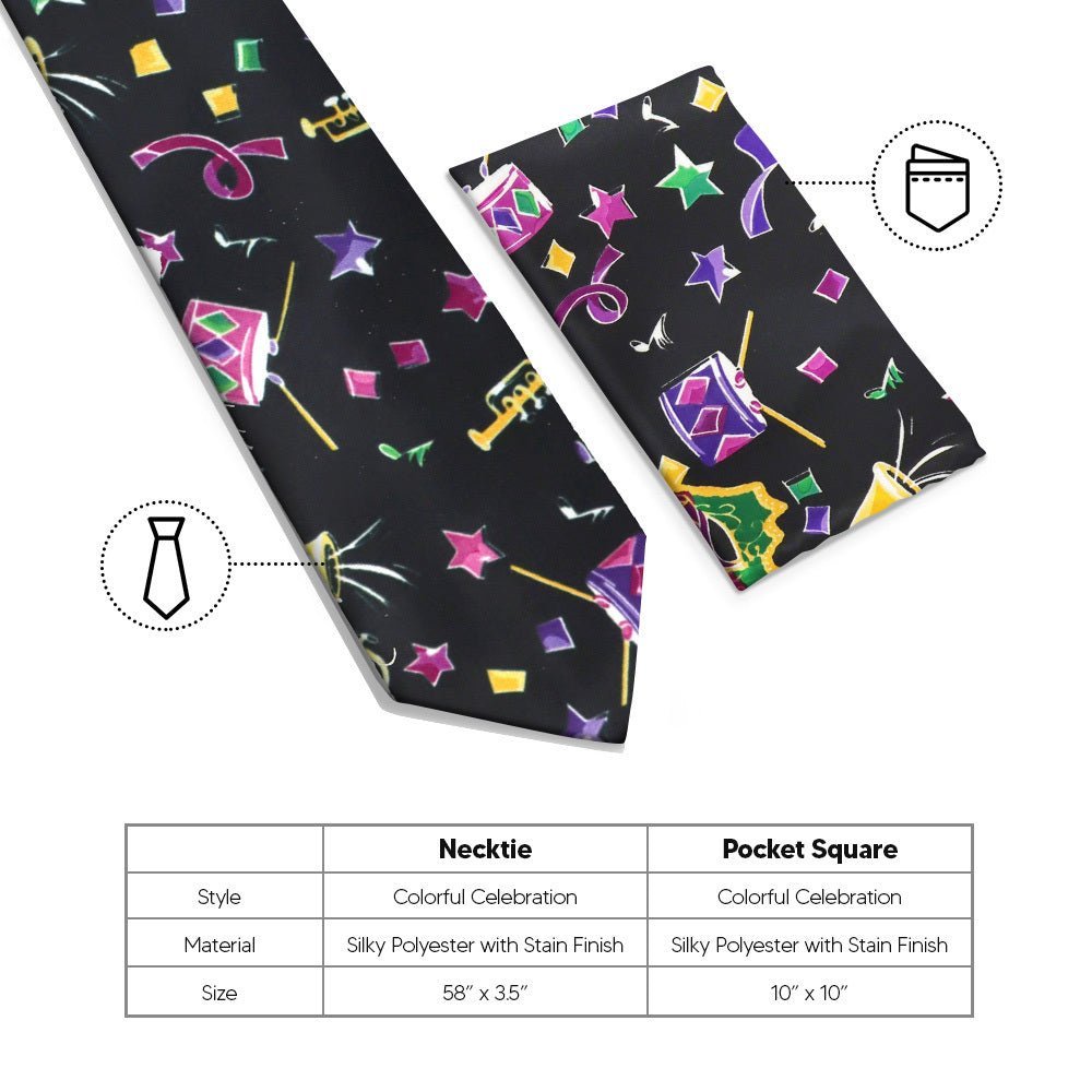 Vittorio Farina Men's Mardi Gras Satin Necktie and Pocket Square - Mardi 8: Vibrant Colorful Celebration - Necktie & Pocket Square - Vittorio Farina