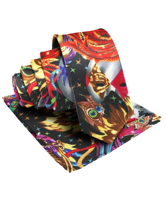 Vittorio Farina Men's Mardi Gras Satin Necktie and Pocket Square - Mardi Original: Vibrant Party Mask - Necktie & Pocket Square - Vittorio Farina