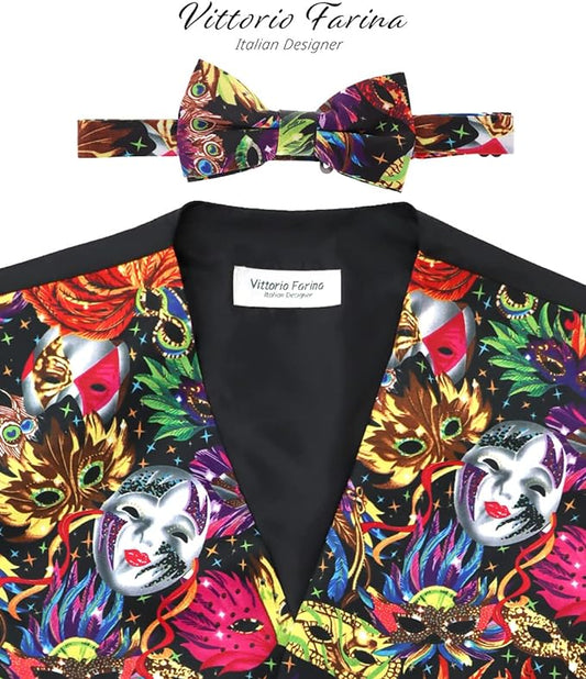 Vittorio Farina Men's Mardi Gras Satin Vest and Bow Tie Set - Mardi Original: Vibrant Party Mask - Vest Set - Vittorio Farina