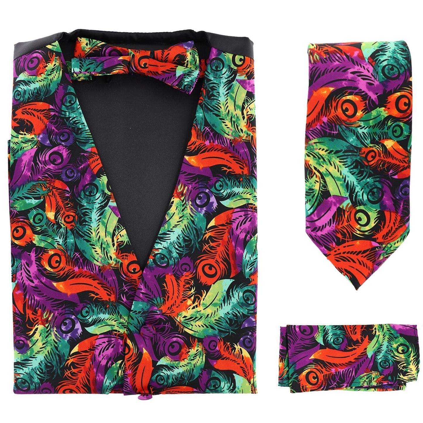 Vittorio Farina Men's Mardi Gras Satin Vest, Necktie, Bow Tie and Pocket Square Set - Mardi 3: Vibrant Feather - Vest Set - Vittorio Farina