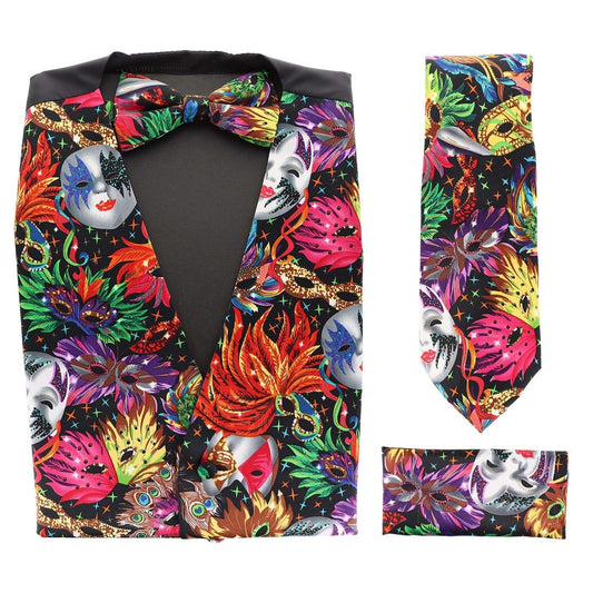 Vittorio Farina Men's Mardi Gras Satin Vest, Necktie, Bow Tie and Pocket Square Set - Mardi Original: Vibrant Party Mask - Vest Set - Vittorio Farina