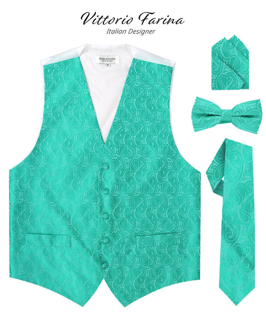 Vittorio Farina Men's Mint Woven Paisley Vest, Necktie, Bow Tie and Pocket Square Set (White Back) - Aqua - Vest Set - Vittorio Farina