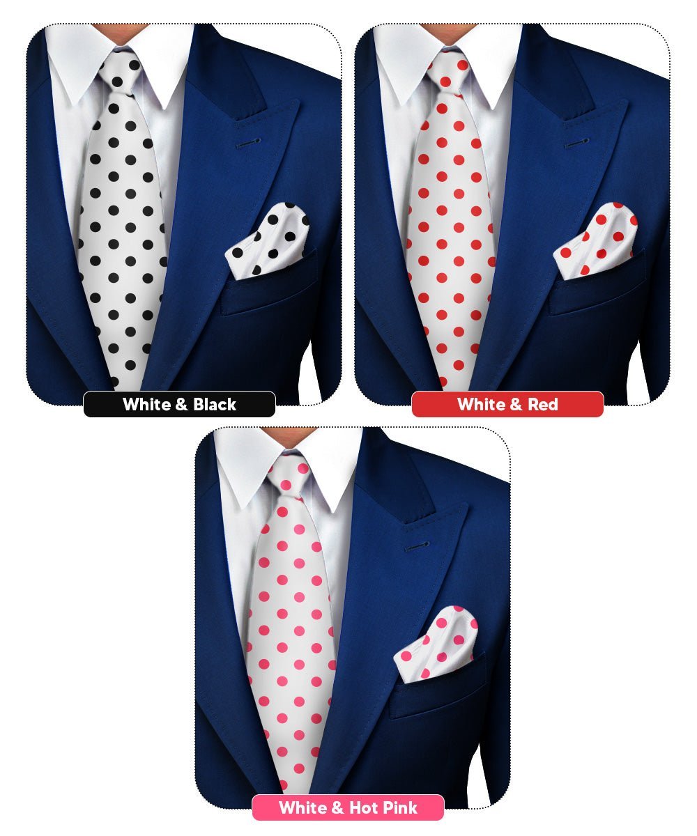 Vittorio Farina Men's Polka Dot Necktie & Pocket Square - White and Black/White and Red/White and Hot Pink - Necktie & Pocket Square - Vittorio Farina