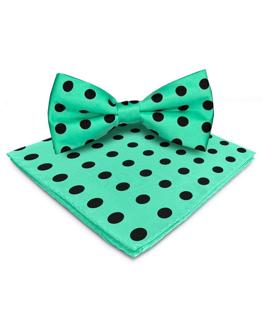 Vittorio Farina Men's Polka Dot Satin Bow Tie & Pocket Square in Gift Box - Aqua and Black - Bow Tie & Pocket Square - Vittorio Farina