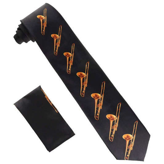 Vittorio Farina Men's Red and Gold Trombone Musical Necktie and Pocket Square - Black and Gold - Necktie & Pocket Square - Vittorio Farina