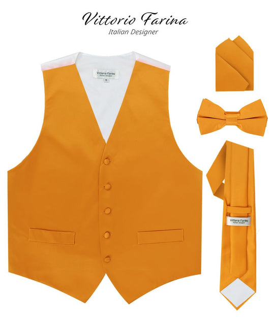 Vittorio Farina Men's Satin Vest, Necktie, Bow Tie and Pocket Square Set (White Back) - Mustard Yellow - Vest Set - Vittorio Farina