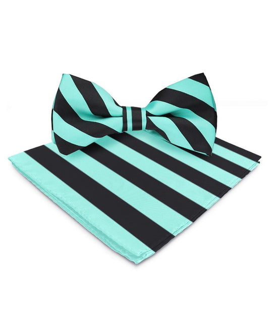 Vittorio Farina Men's Striped Satin Bow Tie & Pocket Square in Gift Box - Aqua and Black - Bow Tie & Pocket Square - Vittorio Farina