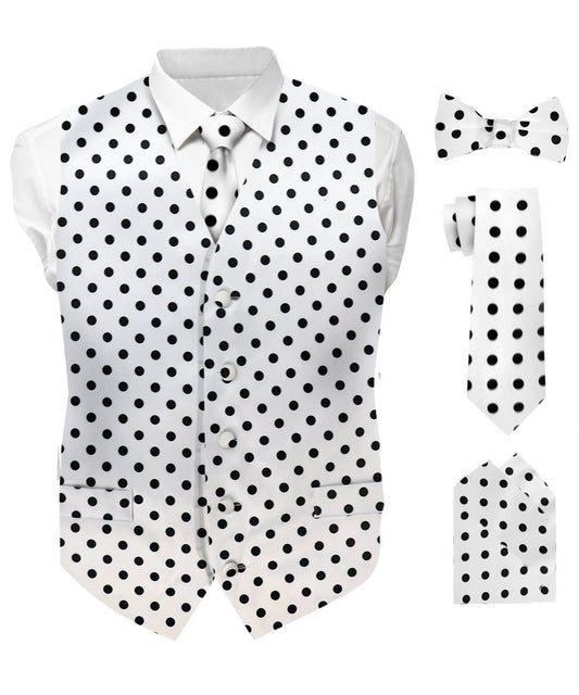 Vittorio Farina Men's White and Black Dot Polka Dot Vest, Necktie, Bow Tie and Pocket Square Set - White and Black - Vest Set - Vittorio Farina