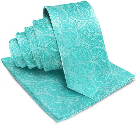 Vittorio Farina Men's Woven Paisley Necktie & Pocket Square - Aqua - Necktie & Pocket Square - Vittorio Farina
