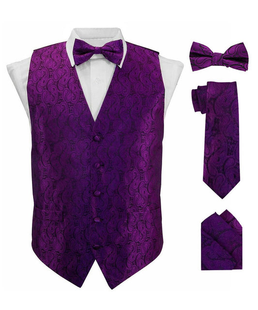 Vittorio Farina Men's Woven Paisley Vest, Necktie, Bow Tie and Pocket Square Set (Black Back) - Purple - Vest Set - Vittorio Farina