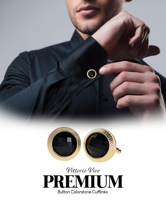 Vittorio Vico Button Colorstone Cufflinks: CL18XX Series - Black and Gold - Cufflinks - Vittorio Vico
