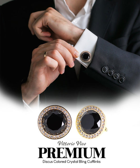 Vittorio Vico Discus Crystal Colorstone Bling Cufflinks: CL11XX Series - Black and Gold - Cufflinks - Vittorio Vico