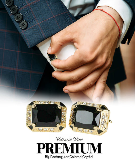Vittorio Vico Large Big Rectangular Crystal Colorstone Cufflinks: CL73XX Series - Black and Gold - Cufflinks - Vittorio Vico
