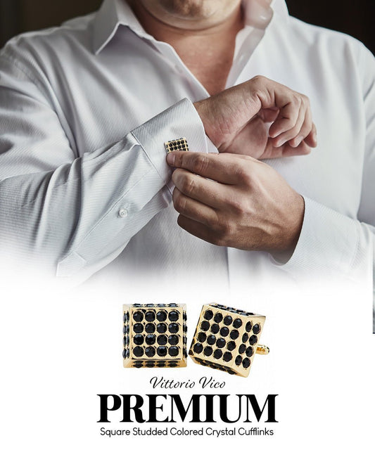 Vittorio Vico Men's Large Square Studded Colored Crystal Cufflinks: CL76XX Series - Black and Gold - Cufflinks - Vittorio Vico
