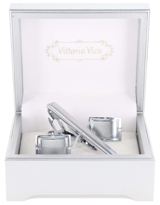 Vittorio Vico Plain Silver Cufflink & Tie Bar Set in Gift Box - CLTB 446 - Cufflink & Tiebar Set - Vittorio Vico