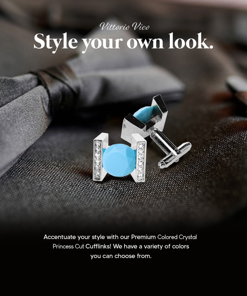 Vittorio Vico Princess Cut Crystal Colorstone Cufflinks: CL14XX Series - Matte Sky Blue and Silver - Cufflinks - Vittorio Vico