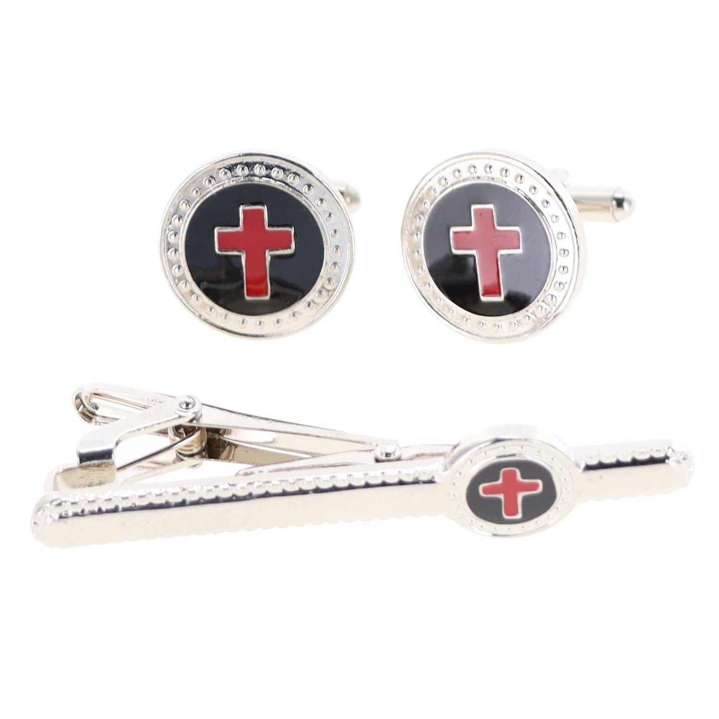 Vittorio Vico Religious Cufflink & Tie Bar Set in Gift Box - Red Cross in Black Background and Silver Setting - Cufflink & Tiebar Set - Vittorio Vico