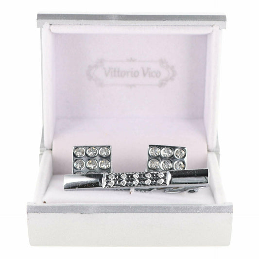 Vittorio Vico Silver Rhinestone Cufflink & Tie Bar Set in Gift Box - Silver - Cufflink & Tiebar Set - Vittorio Vico