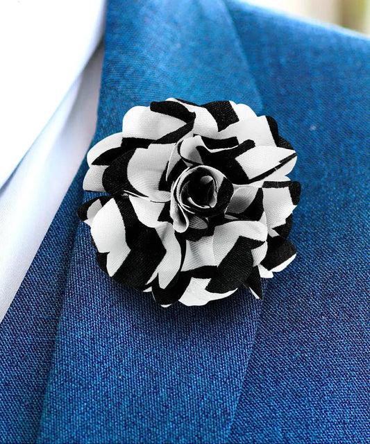 Vittorio Vico Unisex Striped Satin Flower Lapel Pin - Black and White - Flower Lapel Pin - Vittorio Vico