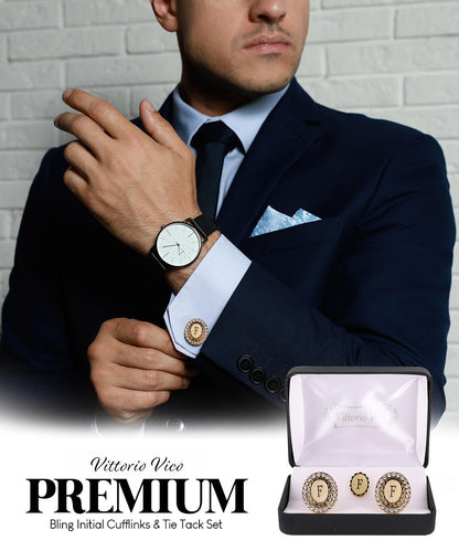 Vittorio Vico Bling Initial Cufflinks & Tie Tack Set in Gift Box Vittorio Vico