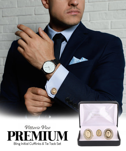Vittorio Vico Bling Initial Cufflinks & Tie Tack Set in Gift Box Vittorio Vico