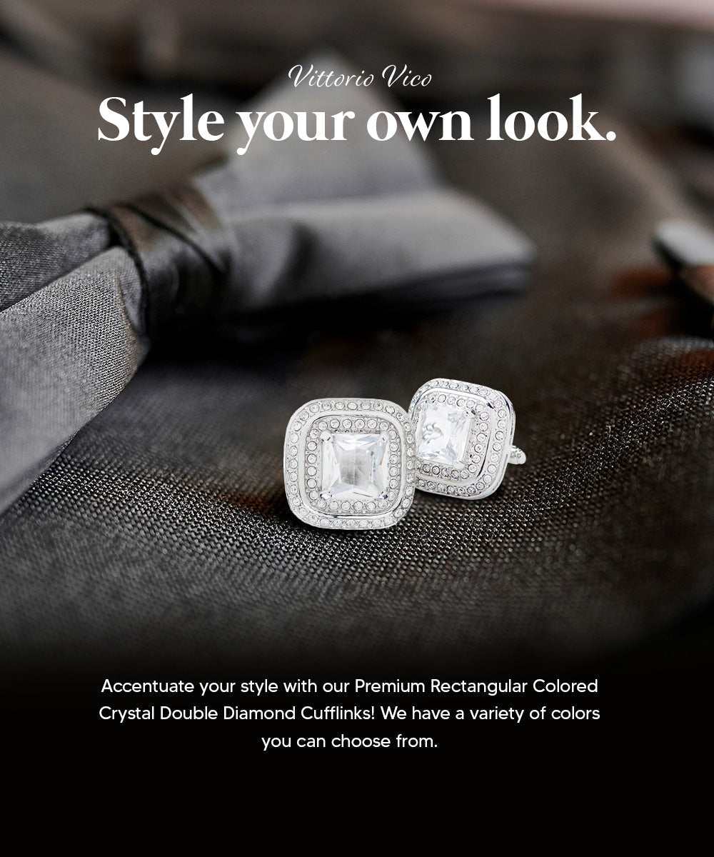 Vittorio Vico Men's Large Square Colorstone Crystal Double Diamond Set Cufflinks: CL75XX Series - Clear and Silver - Cufflinks - Vittorio Vico