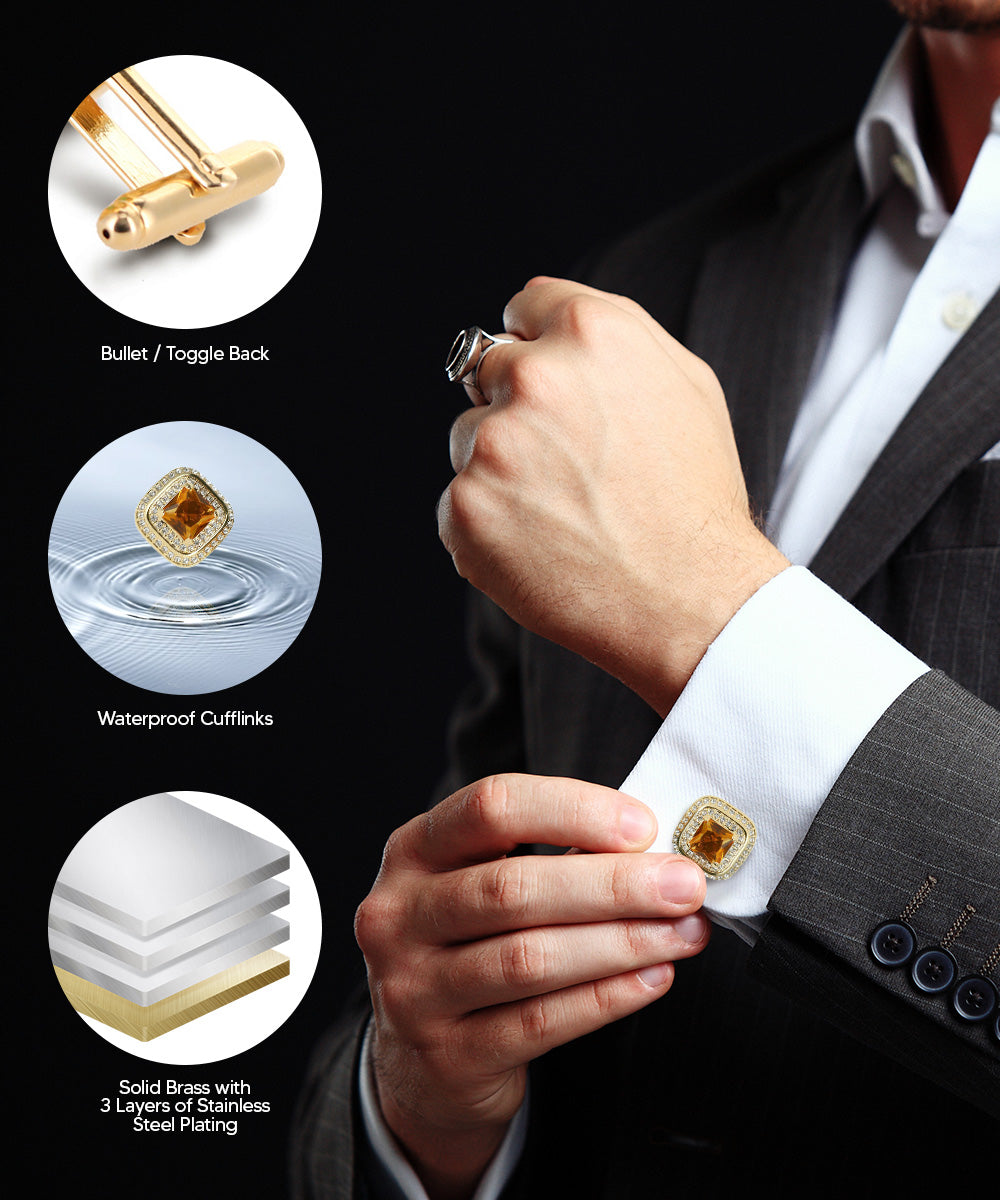 Vittorio Vico Men's Large Square Colorstone Crystal Double Diamond Set Cufflinks: CL75XX Series - Yellow and Gold - Cufflinks - Vittorio Vico