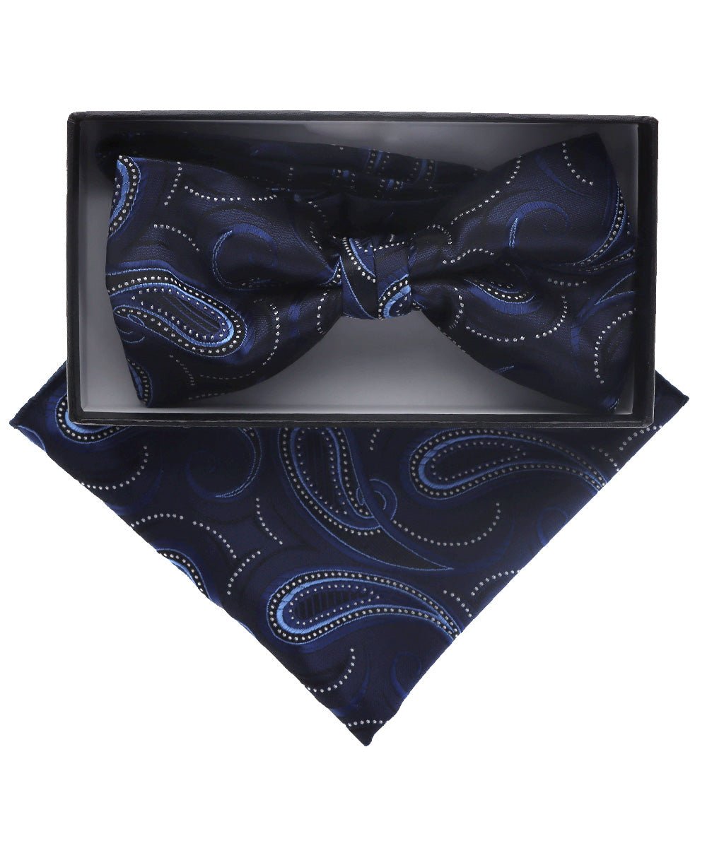 Vittorio Farina Men's Paisley Design Satin Bow Tie & Pocket Square in Gift Box - BH-D_23098A - Classy Cufflinks