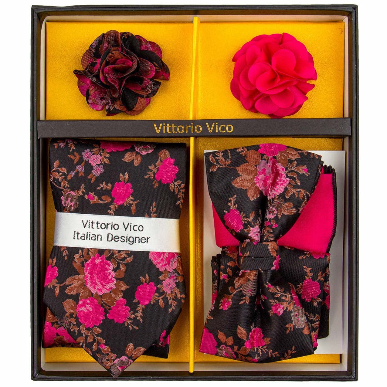 Vittorio Farina Men's Design Necktie, Bow Tie, Pocket Squares and Flower Lapel Pin in a Gift Box Vittorio Farina
