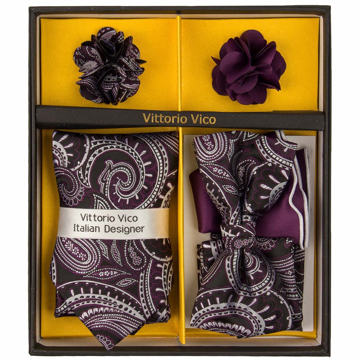 Vittorio Farina Men's Design Necktie, Bow Tie, Pocket Squares and Flower Lapel Pin in a Gift Box Vittorio Farina