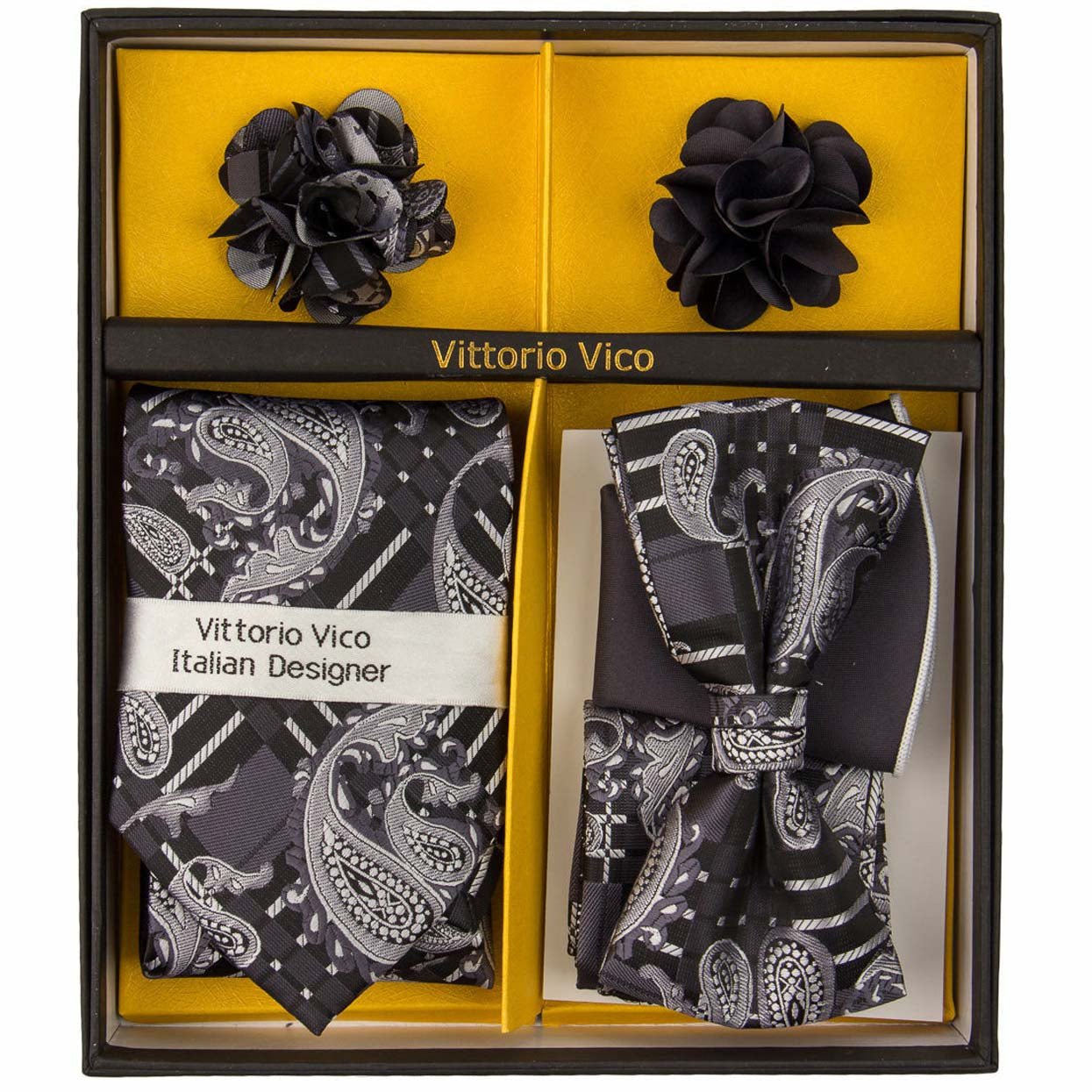 Vittorio Farina Men's Design Necktie, Bow Tie, Pocket Squares and Flower Lapel Pin in a Gift Box Vittorio Farina