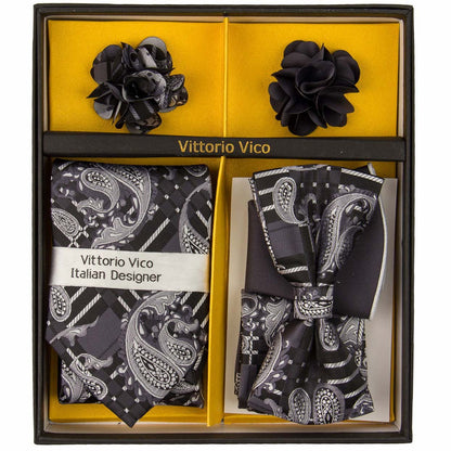Vittorio Farina Men's Design Necktie, Bow Tie, Pocket Squares and Flower Lapel Pin in a Gift Box Vittorio Farina