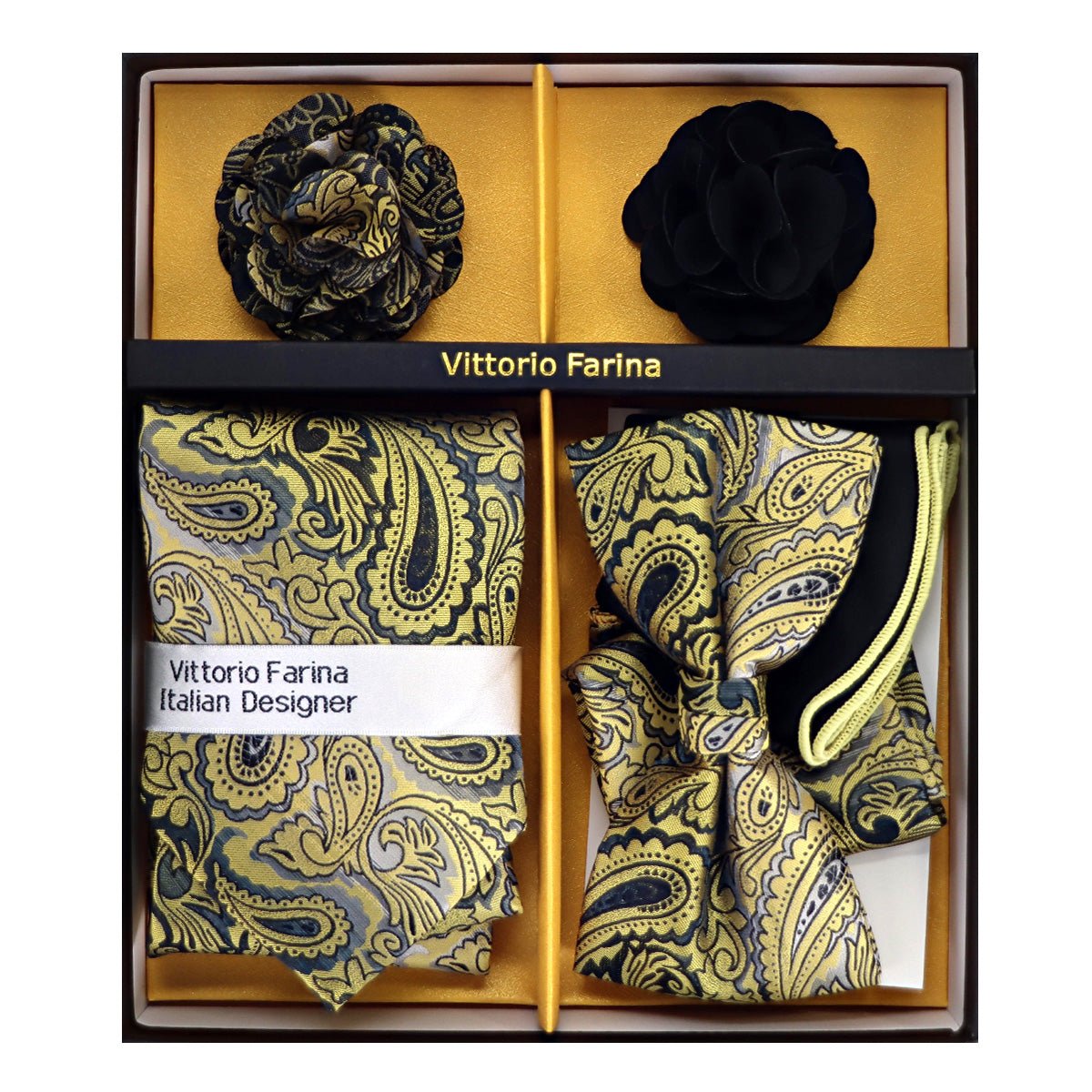 Vittorio Farina Men's Design Necktie, Bow Tie, Pocket Squares and Flower Lapel Pin in a Gift Box - GB - NHBL - D_21065 - Classy Cufflinks