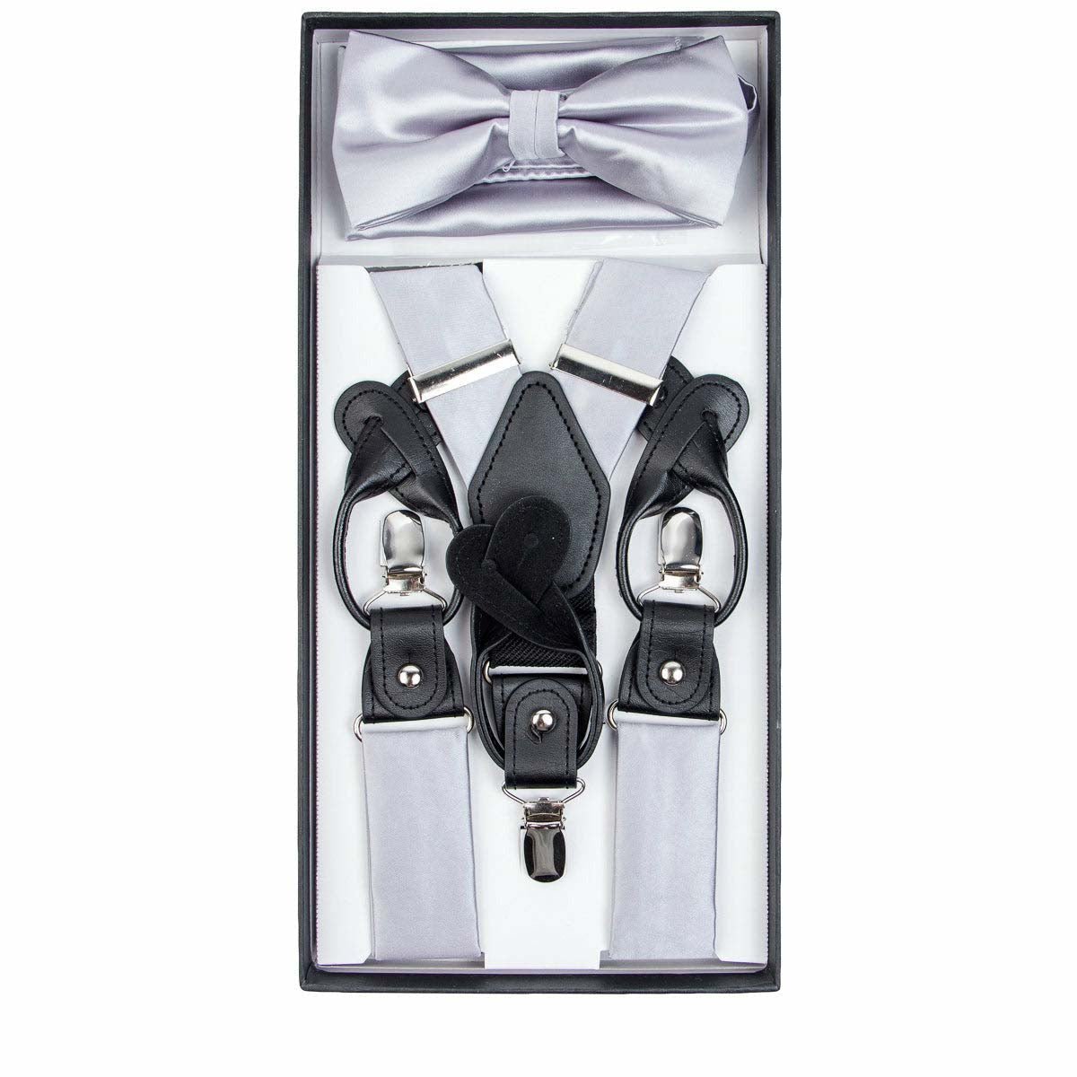 Vittorio Farina Men's Clip End Suspender, Bow Tie and Pocket Square Set with Silver Hardware in Gift Box: 70% Polyester & 30% Elastomer Vittorio Farina