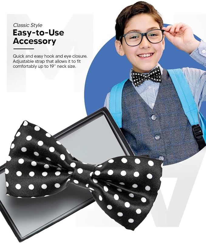 Vittorio Farina Boy's Design Satin Bow Tie - Black and White Polka Dot - Boyswear - Vittorio Farina