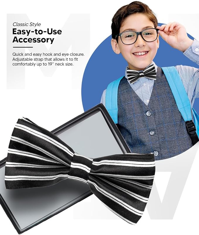 Vittorio Farina Boy's Design Satin Bow Tie - Black and White Stripes - Boyswear - Vittorio Farina