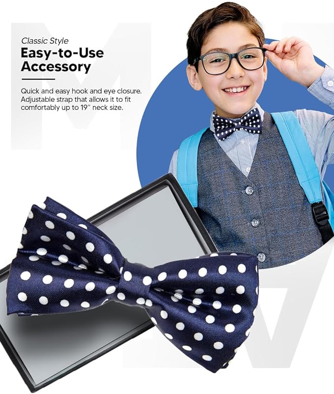 Vittorio Farina Boy's Design Satin Bow Tie - Navy Blue and White Polka Dot - Boyswear - Vittorio Farina