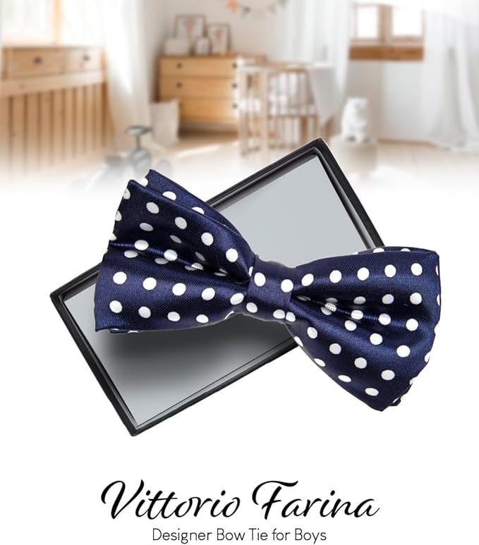 Vittorio Farina Boy's Design Satin Bow Tie - Navy Blue and White Polka Dot - Boyswear - Vittorio Farina