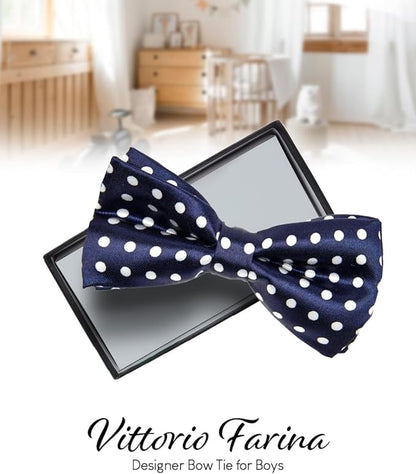 Vittorio Farina Boy's Design Satin Bow Tie - Navy Blue and White Polka Dot - Boyswear - Vittorio Farina