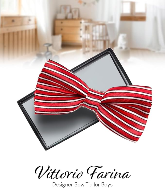 Vittorio Farina Boy's Design Satin Bow Tie - Red and White Stripes - Boyswear - Vittorio Farina