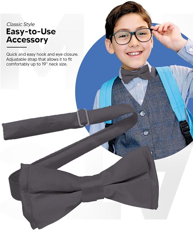 Vittorio Farina Boy's Pretied Solid Silky Satin Bow Tie - Charcoal - Boyswear - Vittorio Farina