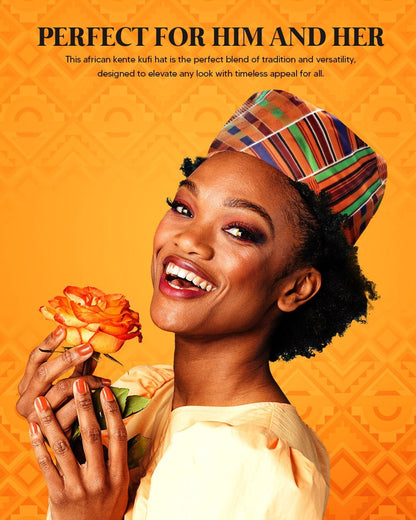 Vittorio Farina Kente Kufi Hat for Men and Women – African Kufi Hat Ideal for Cultural Attire, Outfit & Costume - Kente 1 - Hat - Vittorio Farina
