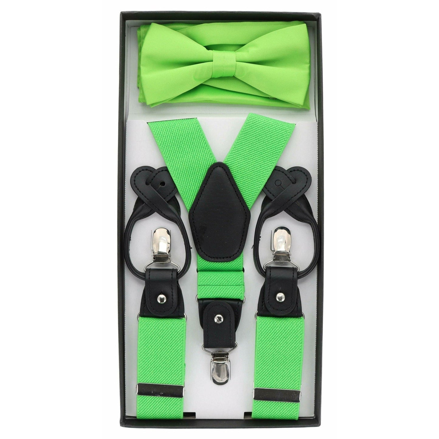 Vittorio Farina Men's Clip End Suspender, Bow Tie and Pocket Square Set with Silver Hardware in Gift Box: 70% Polyester & 30% Elastomer - Black - Suspender & Bowtie Set - Vittorio Farina