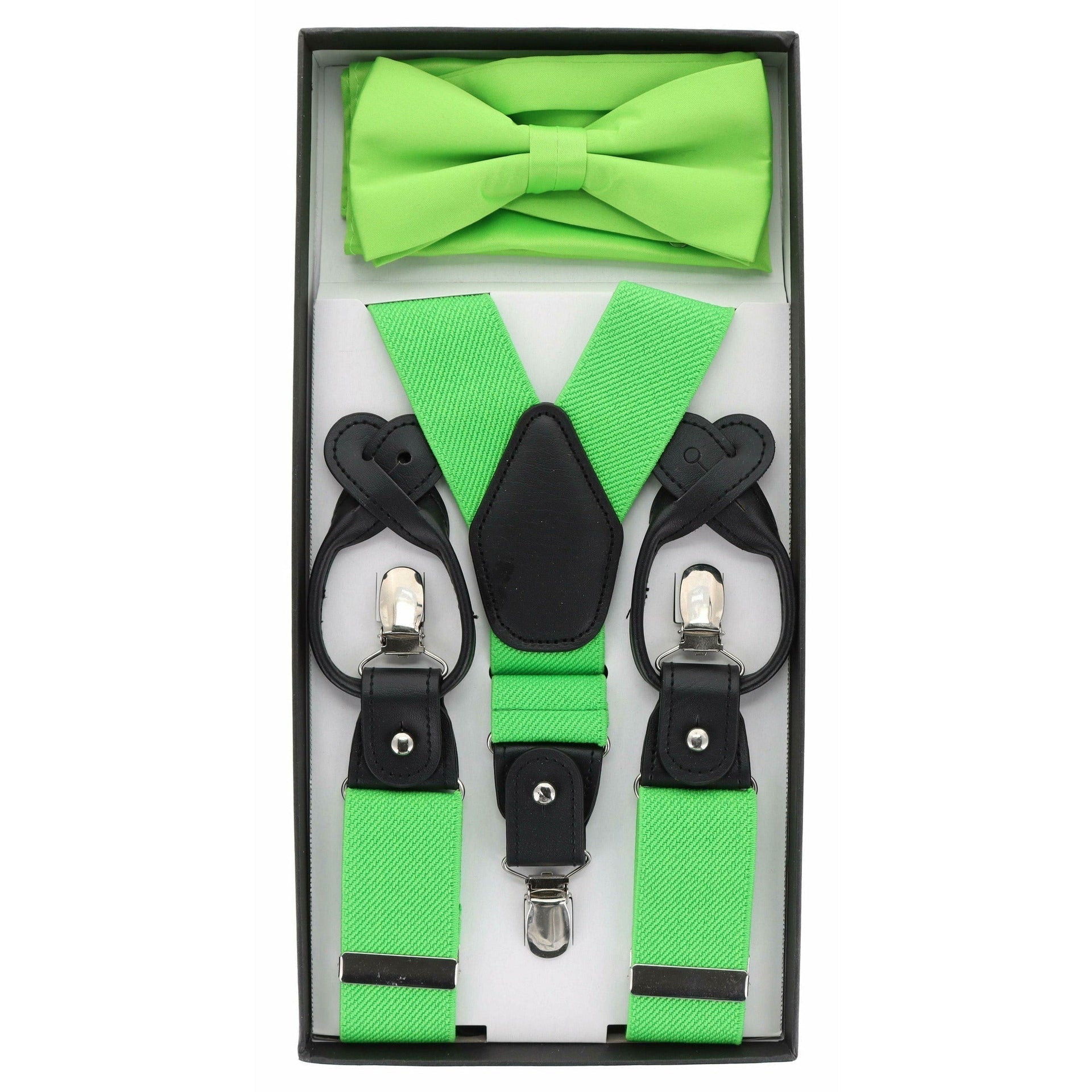 Vittorio Farina Men's Clip End Suspender, Bow Tie and Pocket Square Set with Silver Hardware in Gift Box: 70% Polyester & 30% Elastomer - Black - Suspender & Bowtie Set - Vittorio Farina