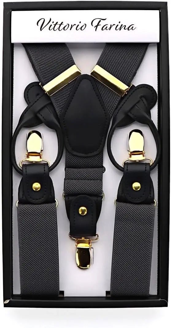 Vittorio Farina Men's Convertible Suspender in Gift Box: 70% Polyester & 30% Elastomer - Charcoal - Suspenders - Vittorio Farina
