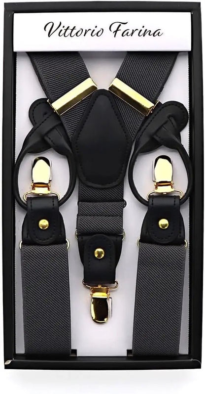 Vittorio Farina Men's Convertible Suspender in Gift Box: 70% Polyester & 30% Elastomer - Charcoal - Suspenders - Vittorio Farina