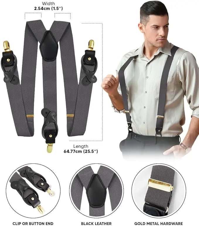 Vittorio Farina Men's Convertible Suspender in Gift Box: 70% Polyester & 30% Elastomer - Charcoal - Suspenders - Vittorio Farina