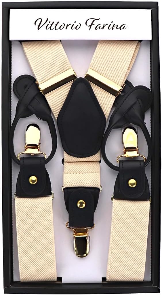 Vittorio Farina Men's Convertible Suspender in Gift Box: 70% Polyester & 30% Elastomer - Ivory - Suspenders - Vittorio Farina