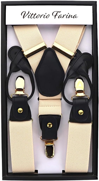 Vittorio Farina Men's Convertible Suspender in Gift Box: 70% Polyester & 30% Elastomer - Ivory - Suspenders - Vittorio Farina